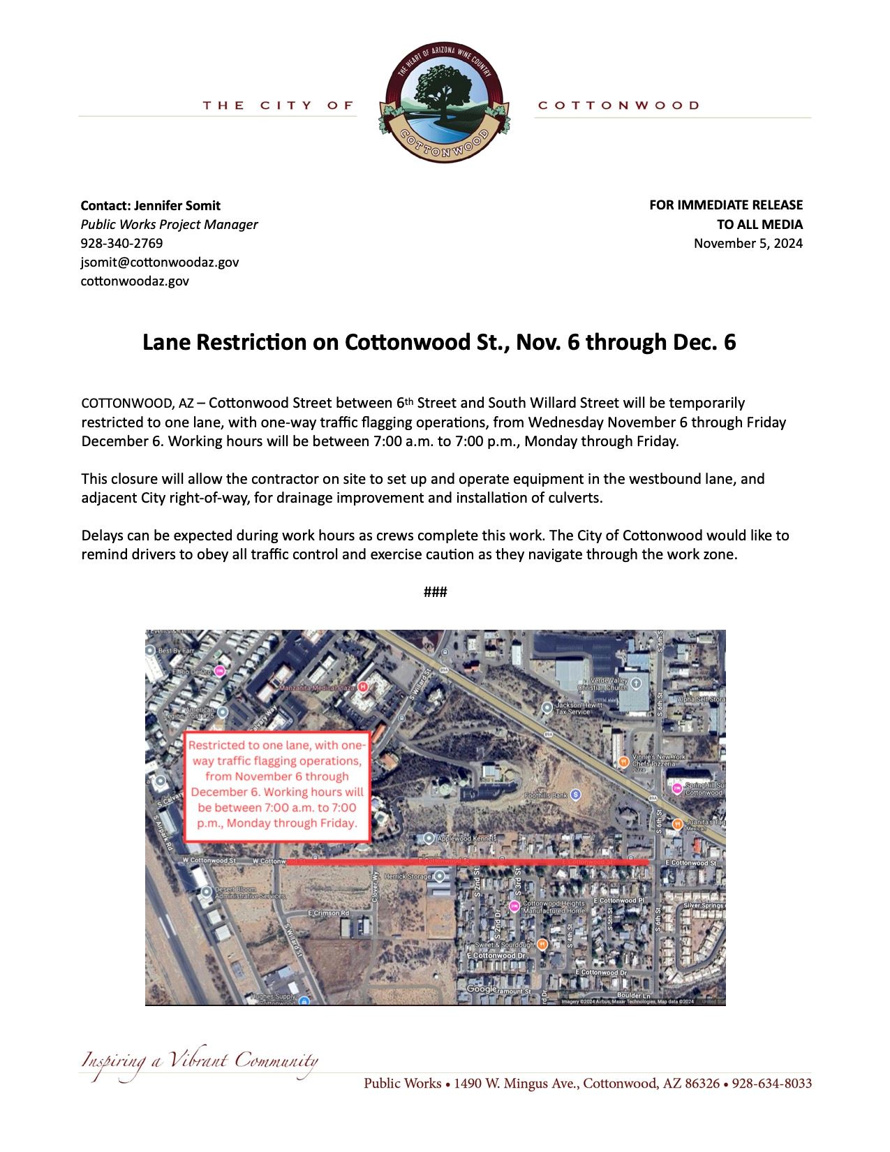 PRESS RELEASE - Lane Restrictions on Cottonwood Street